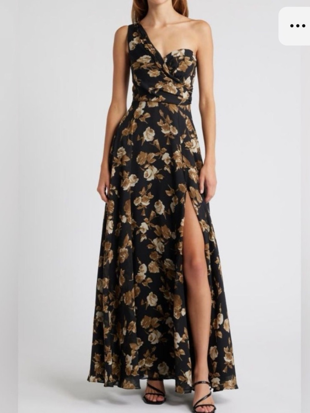 Lulu's Black One-Shoulder Floral Maxi Dress with Gold-Tan Flowers